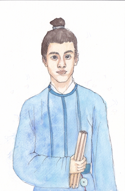 young man with topknot in blue hanfu